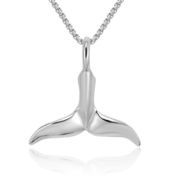 14K Solid White Gold Whale Tail Fish Mermaid Floating Chain Slide Pendant Necklace Charm