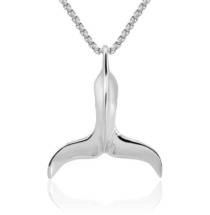 14K Solid White Gold Whale Tail Fish Mermaid Floating Chain Slide Pendant Necklace Charm