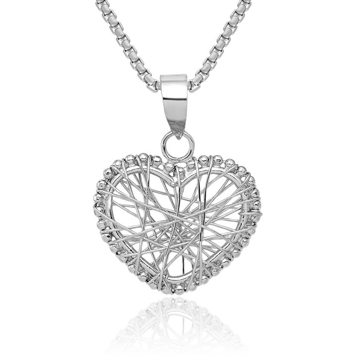 14K Solid White Gold Wire Heart Necklace Love Pendant Charm