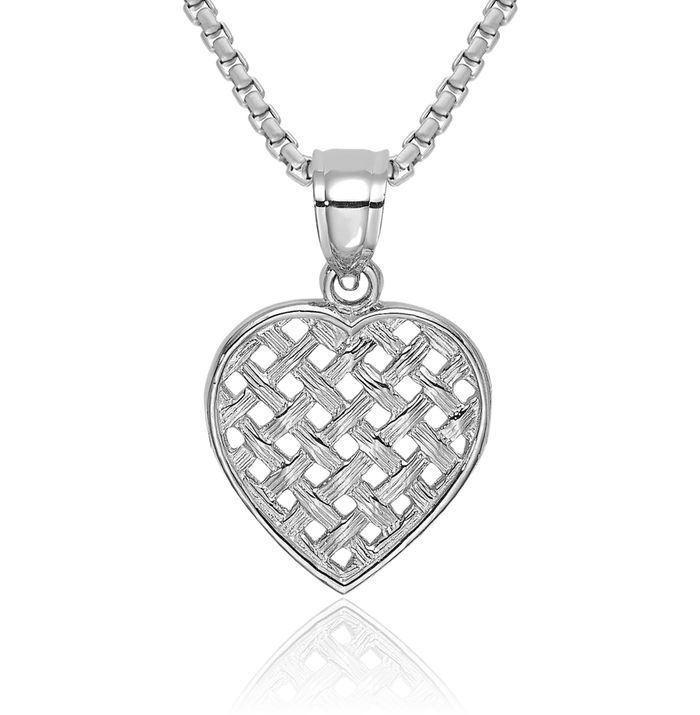 14K Solid White Gold Woven Heart Necklace Love Pendant Charm