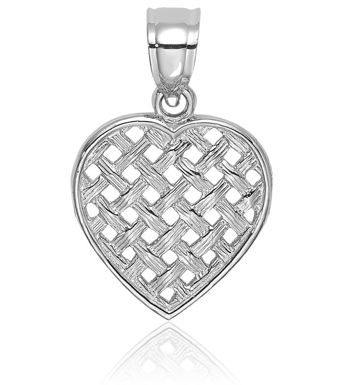 14K Solid White Gold Woven Heart Necklace Love Pendant Charm