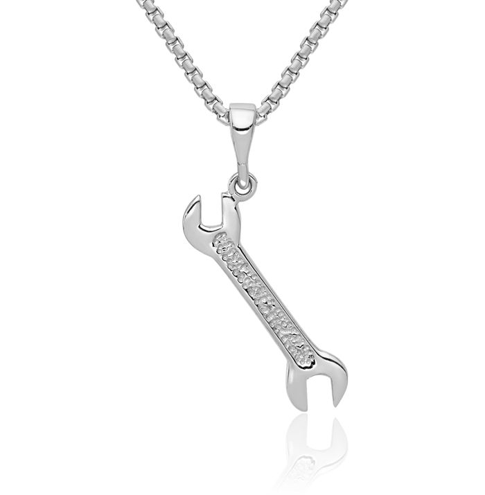 14K Solid White Gold Wrench Necklace Mechanic Chain Pendant Charm