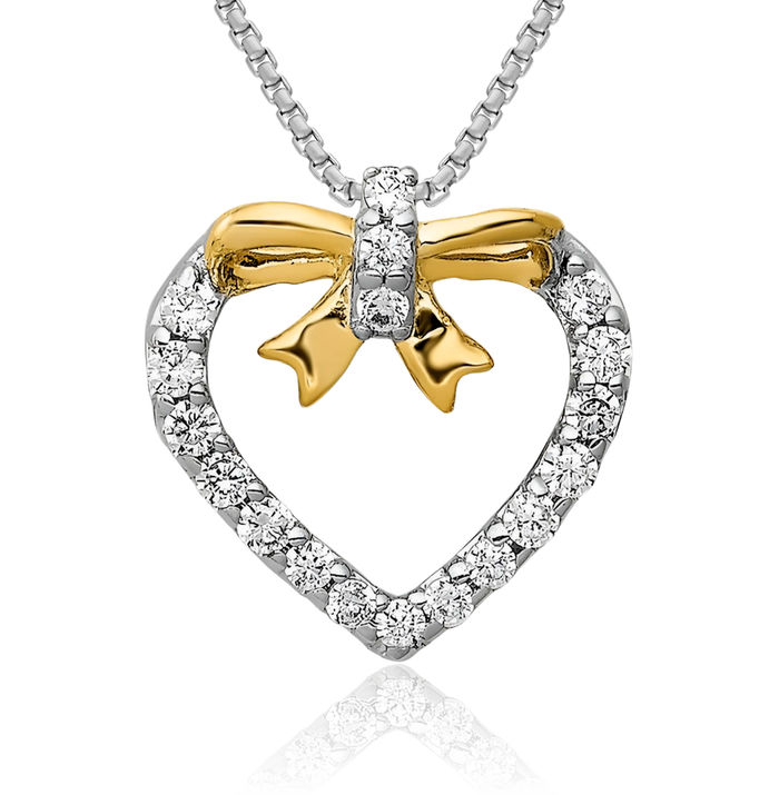 14K Solid White Gold Yellow Diamond Heart Bow Floating Chain Slide Pendant Necklace Charm