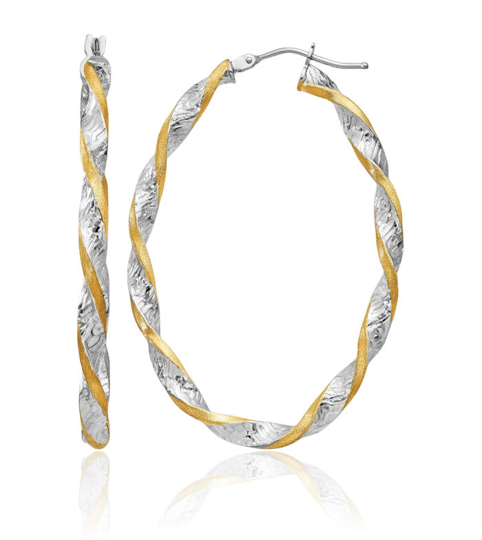 14K Solid White Gold Yellow Twisted Oval Large Hoop Earrings