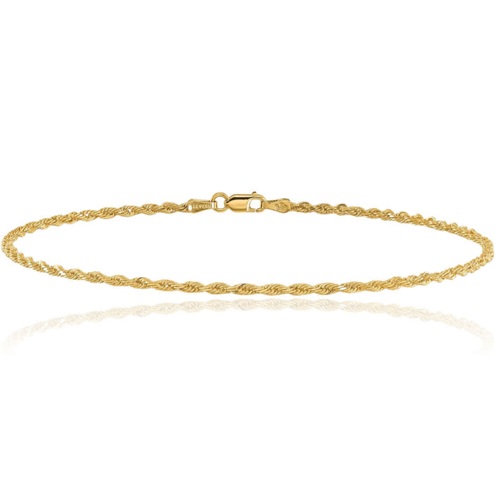 14K Solid Yellow Gold 1.5mm Rope Chain Bracelet