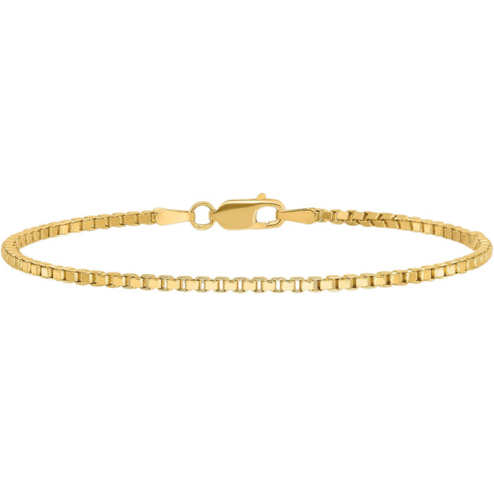 14K Solid Yellow Gold 1.9mm Box Link Chain Bracelet