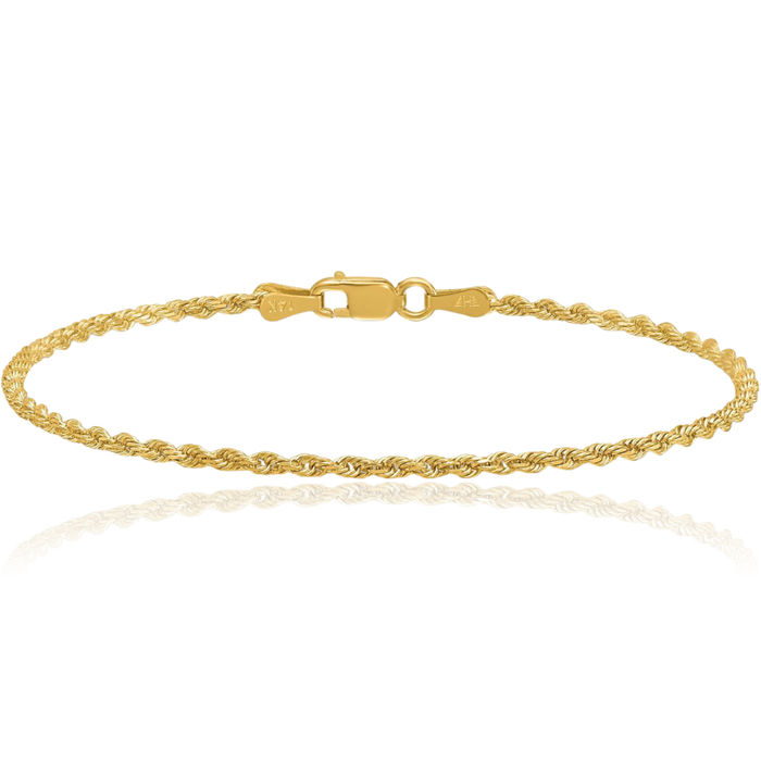 14K Solid Yellow Gold 1.9mm Rope Chain Bracelet