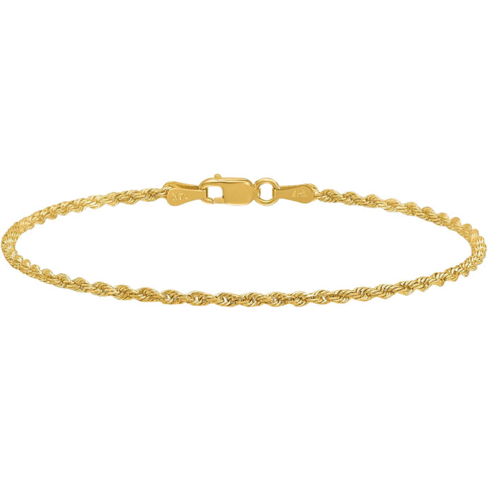 14K Solid Yellow Gold 1.9mm Rope Chain Bracelet