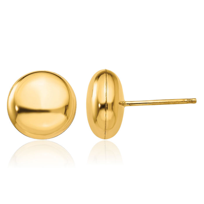 14K Solid Yellow Gold 10.5mm Button Stud Earrings