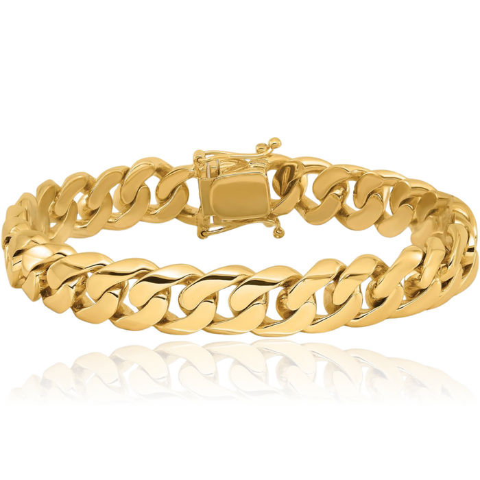 14K Solid Yellow Gold 10.8mm Round Curb Link Chain Bracelet