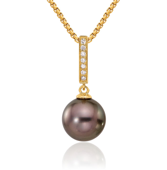 14K Solid Yellow Gold 10mm Black Round Tahitian Saltwater Cultured Pearl .07 Diamond Dangling Floating Chain Slide Pendant Necklace Charm