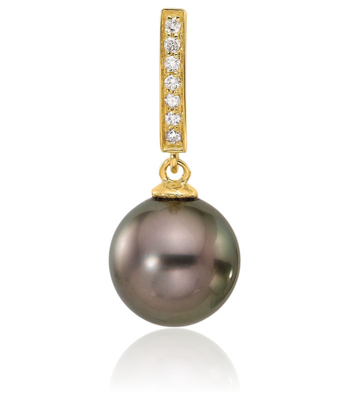 14K Solid Yellow Gold 10mm Black Round Tahitian Saltwater Cultured Pearl .07 Diamond Dangling Floating Chain Slide Pendant Necklace Charm