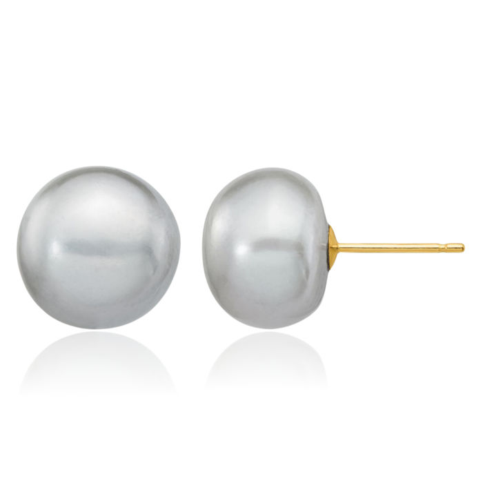 14K Solid Yellow Gold 10mm Grey Button Freshwater Cultured Pearl Stud Earrings