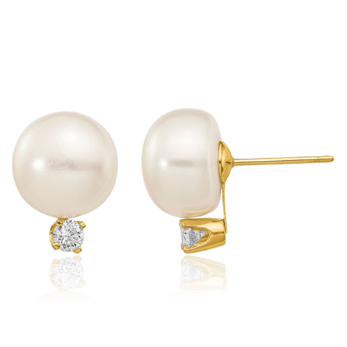 14K Solid Yellow Gold 10mm White Button Freshwater Cultured Pearl .2 Diamond Stud Earrings