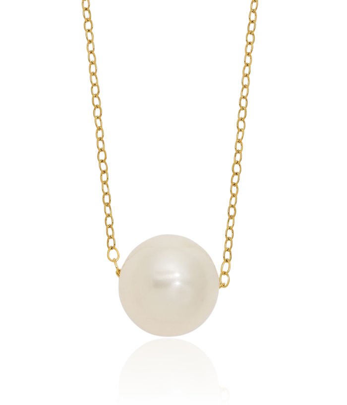 14K Solid Yellow Gold 10mm White Round Freshwater Cultured Pearl Cable Rolo Link Chain Necklace