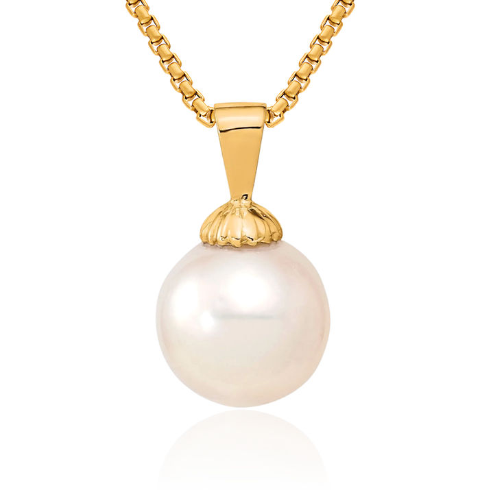 14K Solid Yellow Gold 10mm White Round South Sea Saltwater Cultured Pearl Necklace Chain Pendant Charm