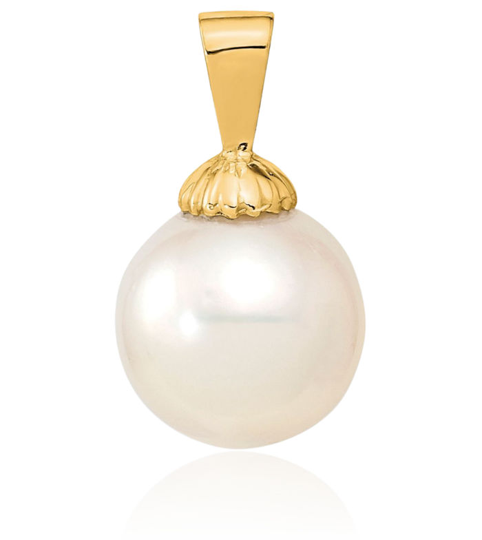 14K Solid Yellow Gold 10mm White Round South Sea Saltwater Cultured Pearl Necklace Chain Pendant Charm