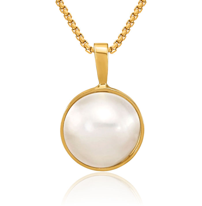 14K Solid Yellow Gold 10mm White Saltwater Mabe Pearl Necklace Chain Pendant Charm