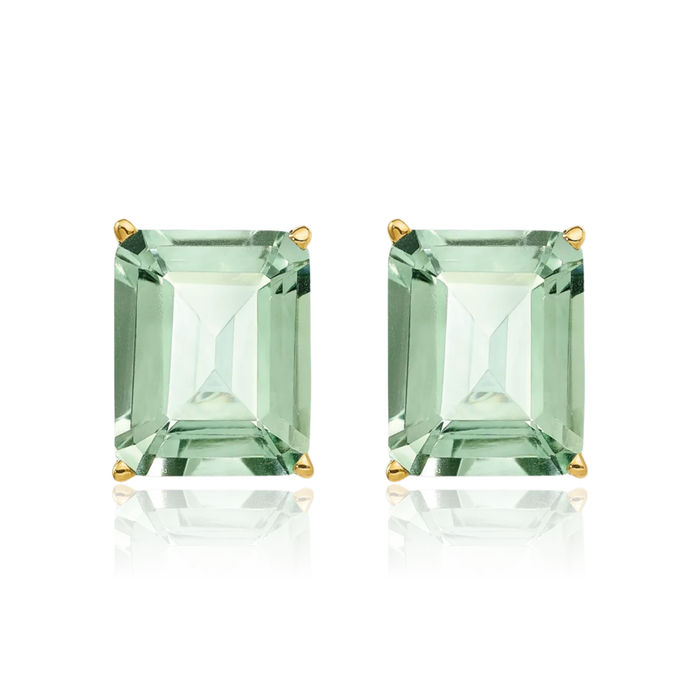 14K Solid Yellow Gold 10x8 Emerald-Cut Green Quartz Studs Gemstone Solitaire Earrings August Birthstone Jewelry