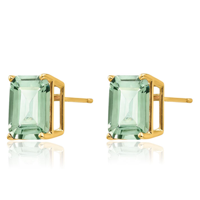 14K Solid Yellow Gold 10x8 Emerald-Cut Green Quartz Studs Gemstone Solitaire Earrings August Birthstone Jewelry