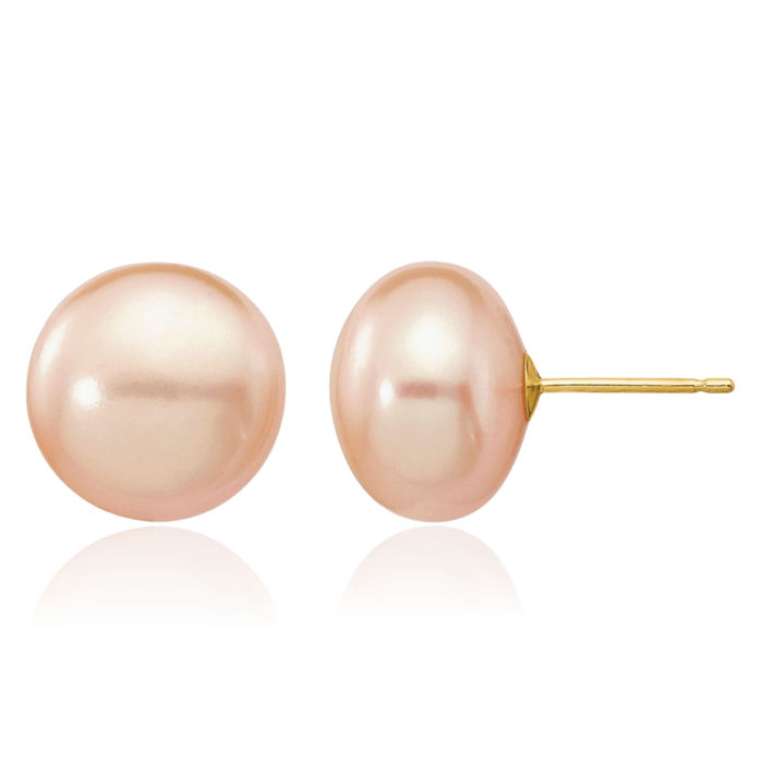 14K Solid Yellow Gold 11mm Pink Button Freshwater Cultured Pearl Stud Earrings