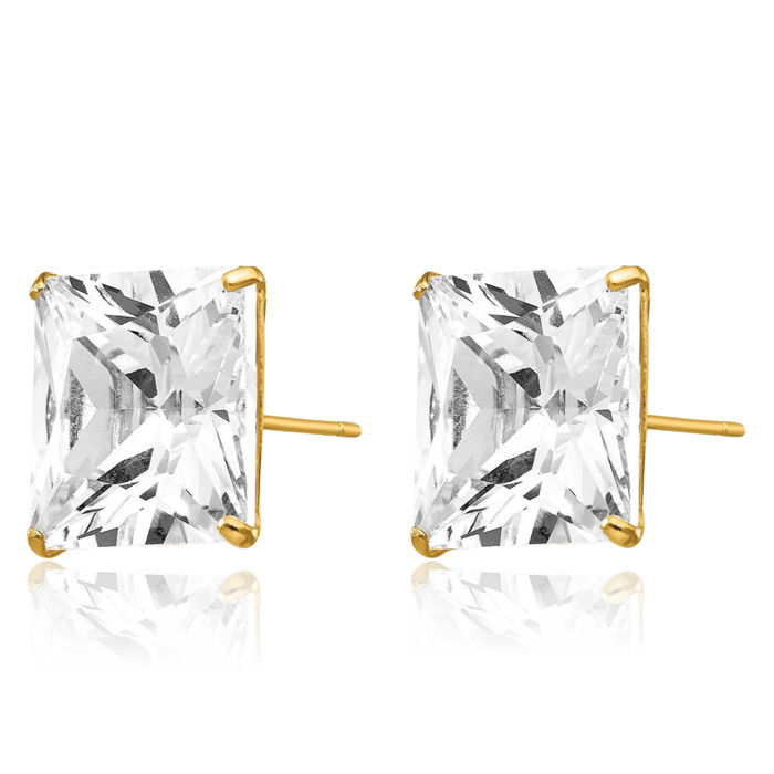 14K Solid Yellow Gold 11mm Square Cubic Zirconia CZ Stud Earrings