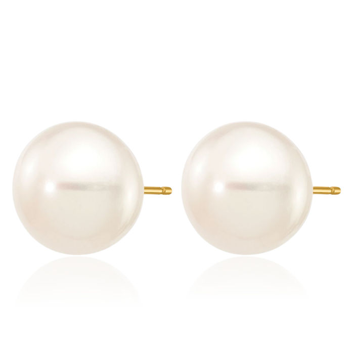 14K Solid Yellow Gold 11mm White Button Freshwater Cultured Pearl Stud Earrings