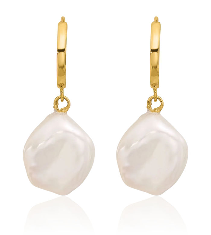 14K Solid Yellow Gold 11mm White Keshi Freshwater Cultured Pearl Medium Endless Hoop Drop Dangle Earrings