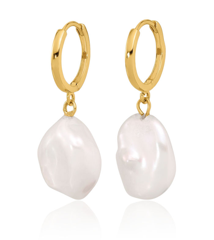 14K Solid Yellow Gold 11mm White Keshi Freshwater Cultured Pearl Medium Endless Hoop Drop Dangle Earrings