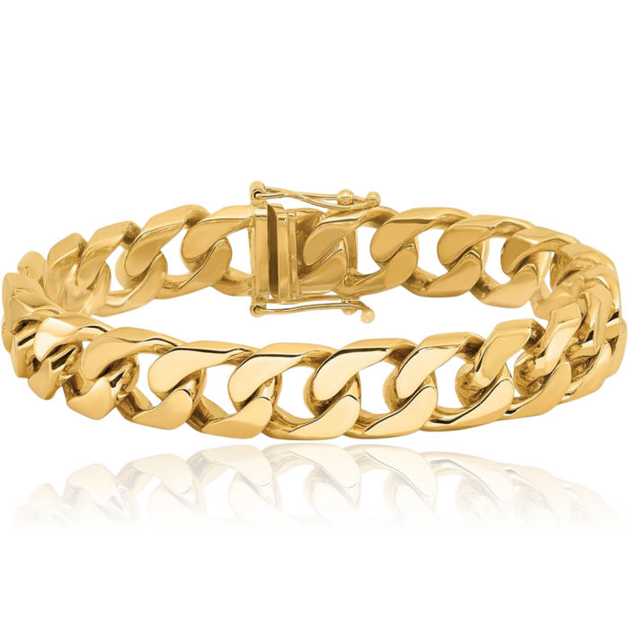 14K Solid Yellow Gold 12mm Curb Link Chain Bracelet