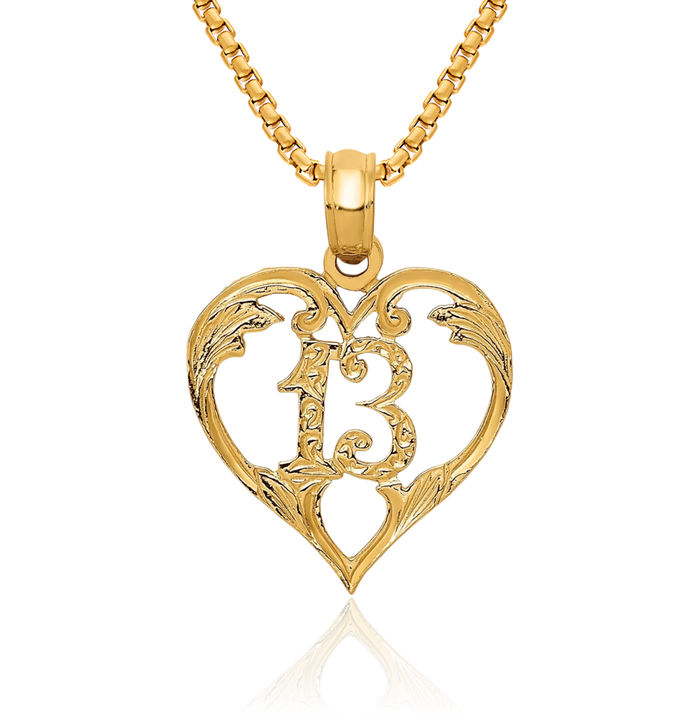 14K Solid Yellow Gold 13 Heart Necklace Love Pendant Charm