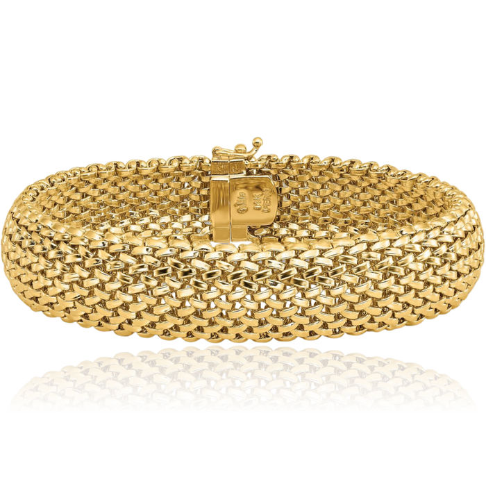 14K Solid Yellow Gold 13.75mm Popcorn Mesh Chain Bracelet