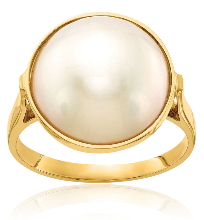 14K Solid Yellow Gold 13mm White Akoya Mabe Saltwater Cultured Pearl Statement Ring