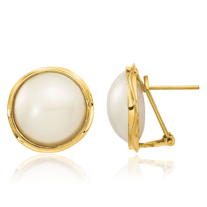 14K Solid Yellow Gold 14mm White Freshwater Cultured Mabe Pearl Omega Clip Back Post Stud Earrings