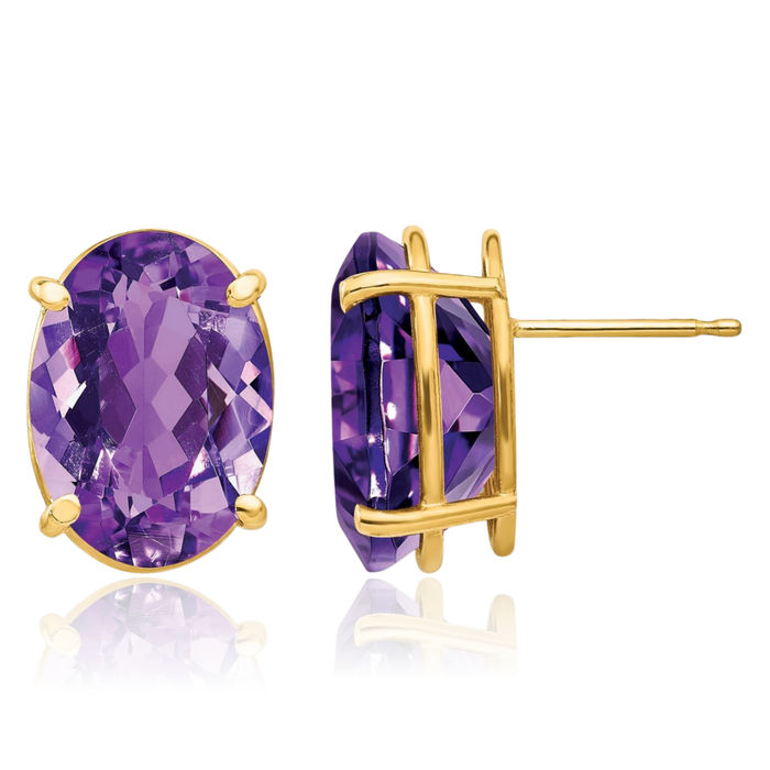 14K Solid Yellow Gold 14x10mm Oval Purple Amethyst Studs Gemstone Solitaire Earrings February Birthstone Jewelry