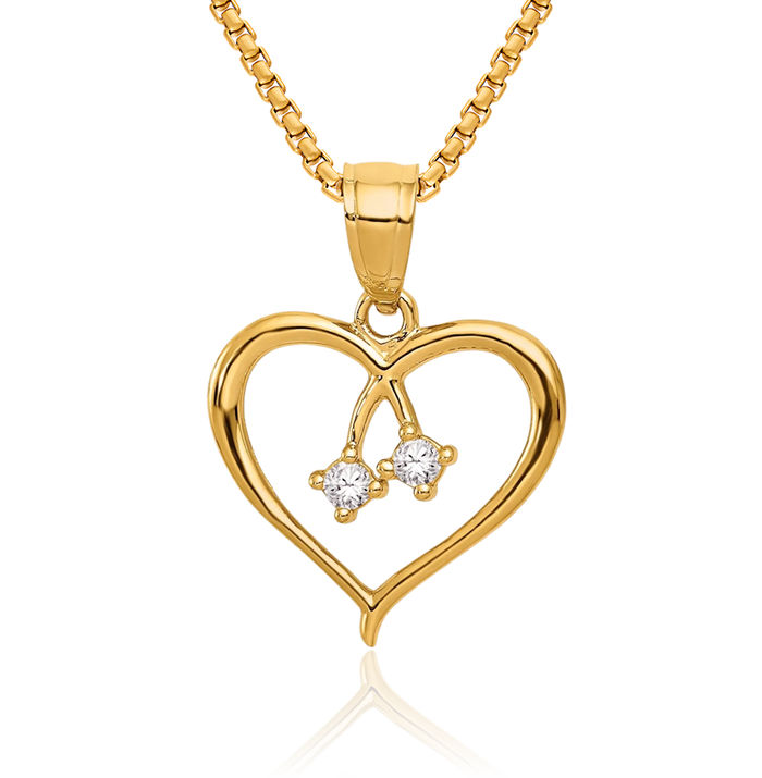 14K Solid Yellow Gold 2 Cubic Zirconia CZ Heart Necklace Love Pendant Charm