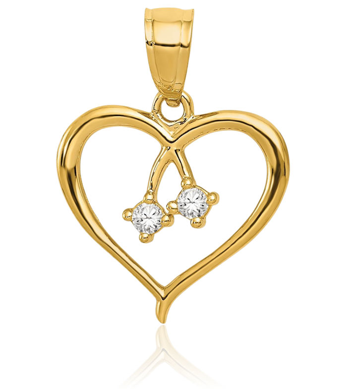 14K Solid Yellow Gold 2 Cubic Zirconia CZ Heart Necklace Love Pendant Charm