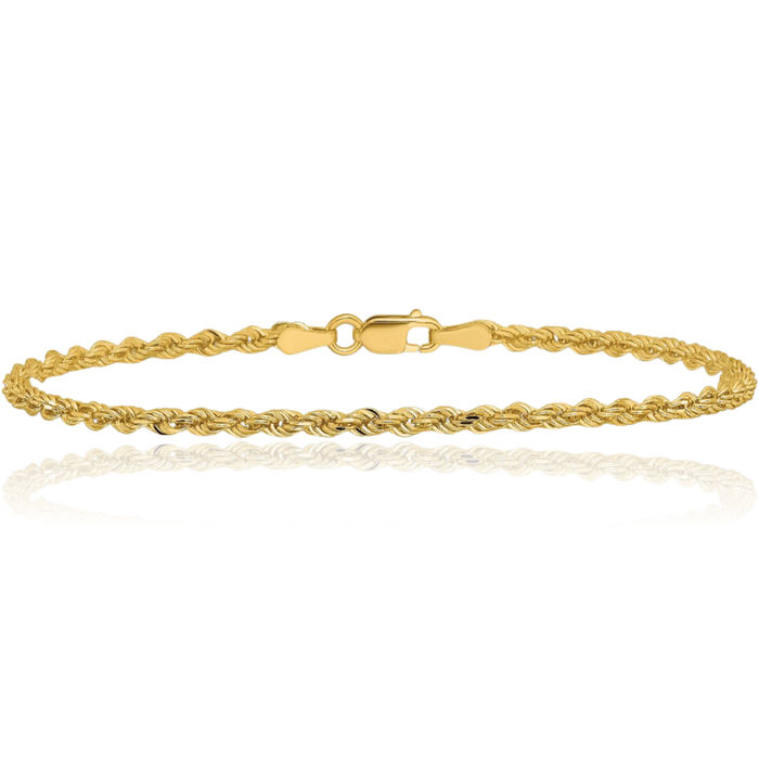 14K Solid Yellow Gold 2.25mm Rope Chain Bracelet