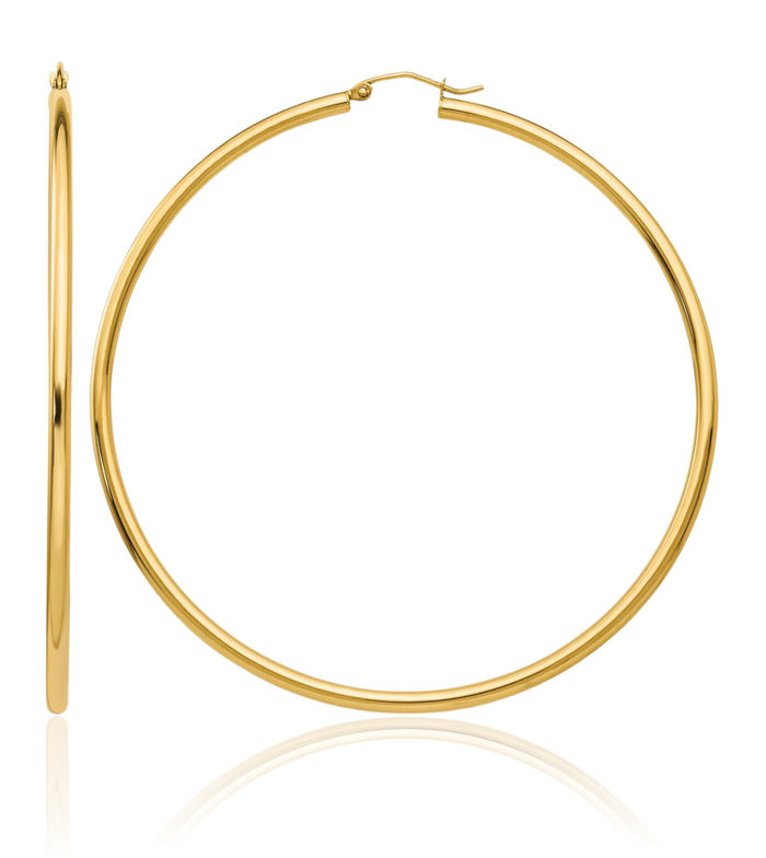 14K Solid Yellow Gold 2.25x70mm Round Tube Large Hoop Earrings