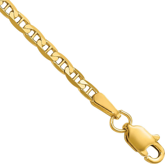 14K Solid Yellow Gold 2.4mm Concave Anchor Mariner Link Chain Bracelet