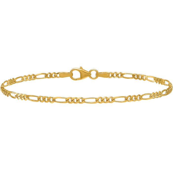 14K Solid Yellow Gold 2.4mm Figaro Link Chain Bracelet