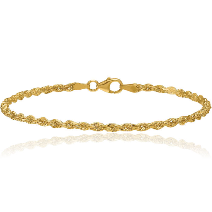 14K Solid Yellow Gold 2.4mm Rope Chain Bracelet