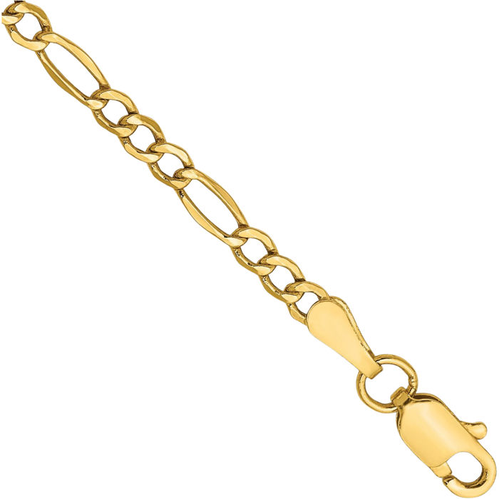 14K Solid Yellow Gold 2.5mm Figaro Link Chain Bracelet