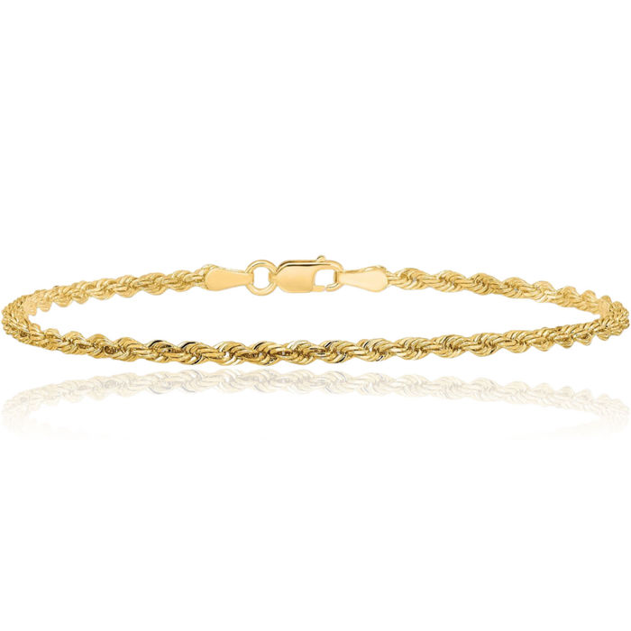 14K Solid Yellow Gold 2.5mm Rope Chain Bracelet