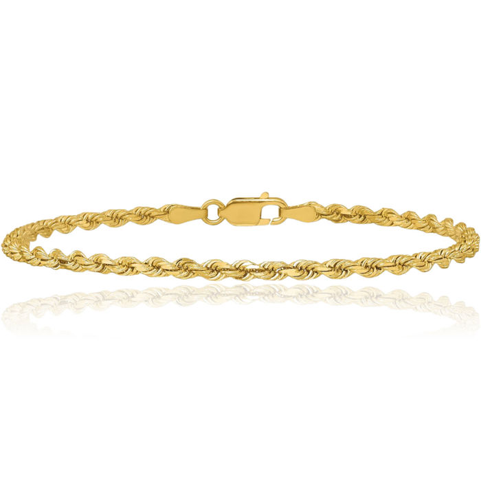 14K Solid Yellow Gold 2.5mm Rope Chain Bracelet