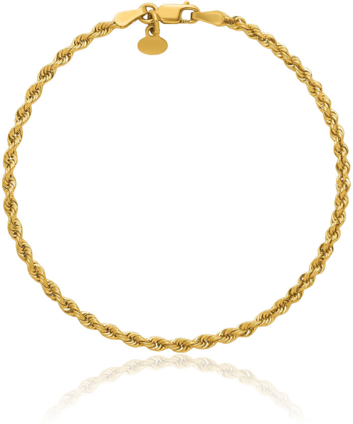 14K Solid Yellow Gold 2.5mm Rope Chain Bracelet