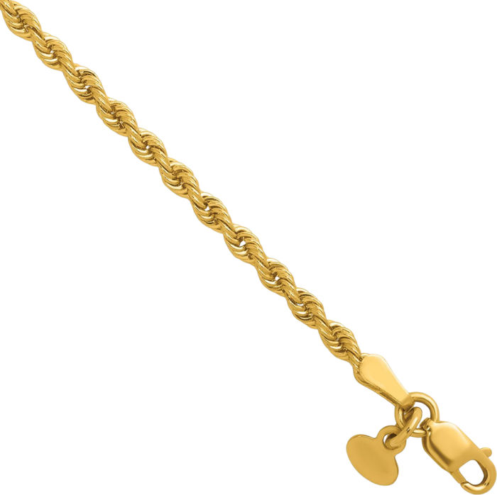 14K Solid Yellow Gold 2.5mm Rope Chain Bracelet