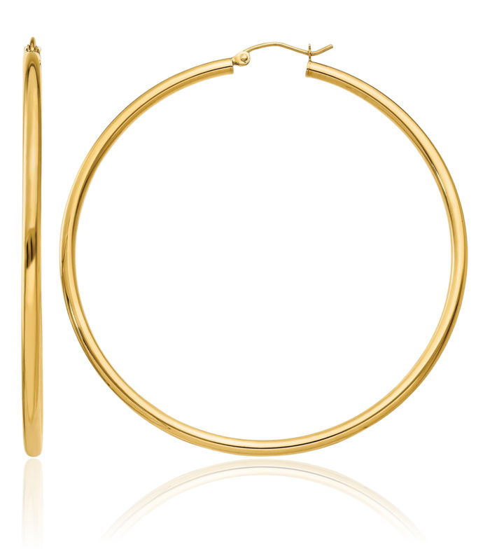 14K Solid Yellow Gold 2.5mm Tube Round Large Hoop Earrings