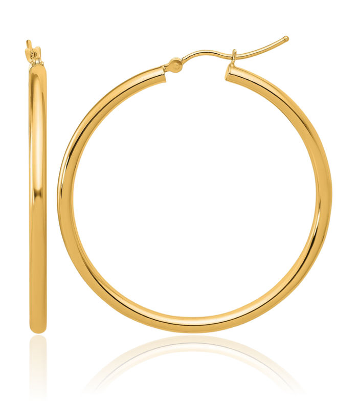 14K Solid Yellow Gold 2.5mm Tube Round Large Hoop Earrings