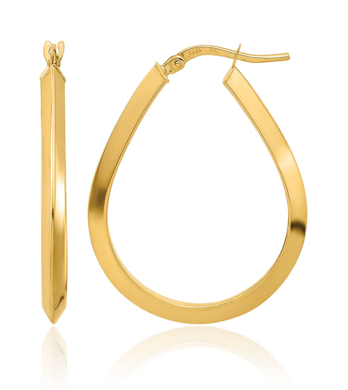 14K Solid Yellow Gold 2.75mm Knife Edge Teardrop Medium Hoop Earrings